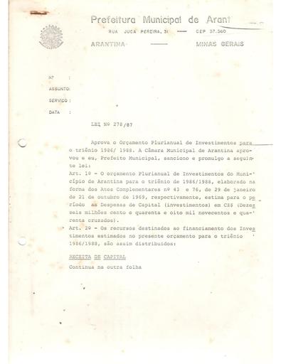 Lei Ordinária Nº 278/1987