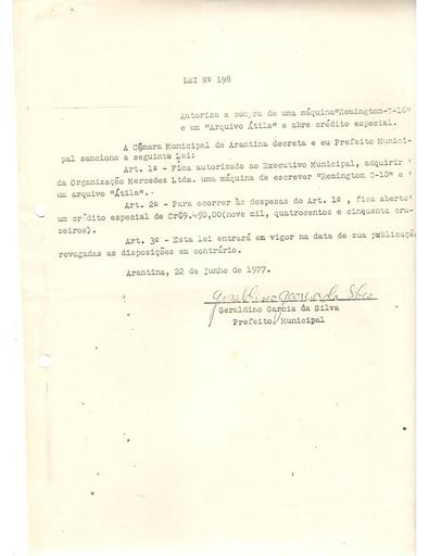 Lei Ordinária Nº 198/1977